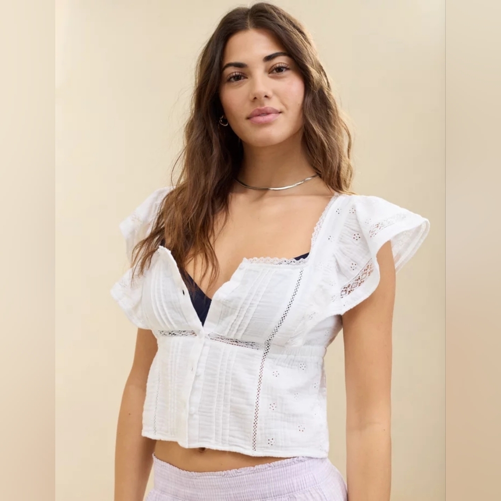 Aerie Button Front Ruffle Sleeve Top